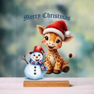 Cute Cartoon Giraffe with Santa Hat & Snowman Acrylic Sign