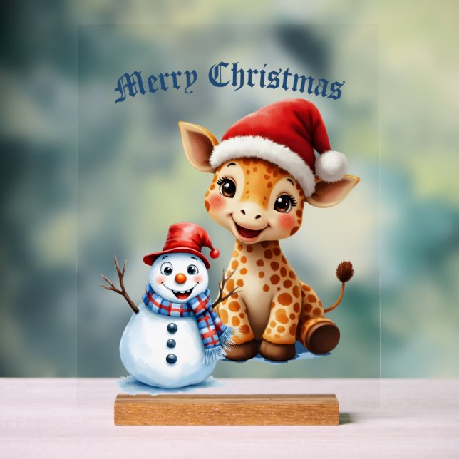 Cute Cartoon Giraffe with Santa Hat & Snowman Acrylic Sign (Neutral)