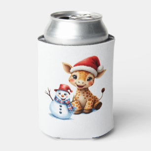Cute Cartoon Giraffe with Santa Hat & Snowman Clas Can Cooler