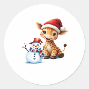 Cute Cartoon Giraffe with Santa Hat & Snowman Clas Classic Round Sticker