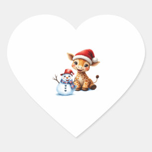 Cute Cartoon Giraffe with Santa Hat & Snowman Clas Heart Sticker