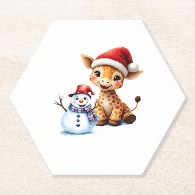 Cute Cartoon Giraffe with Santa Hat & Snowman Clas Paper Coaster (Front)