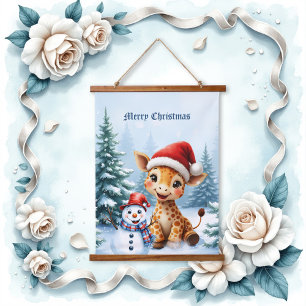 Cute Cartoon Giraffe with Santa Hat & Snowman Hanging Tapestry