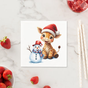 Cute Cartoon Giraffe with Santa Hat & Snowman Napkin