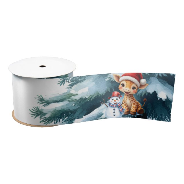 Cute Cartoon Giraffe with Santa Hat & Snowman Satin Ribbon (Spool)