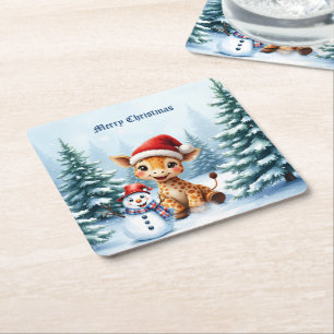 Cute Cartoon Giraffe with Santa Hat & Snowman Square Paper Coaster