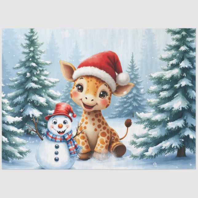 Cute Cartoon Giraffe with Santa Hat & Snowman Tissue Paper (Front)