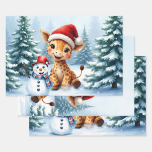Cute Cartoon Giraffe with Santa Hat & Snowman  Wrapping Paper Sheet