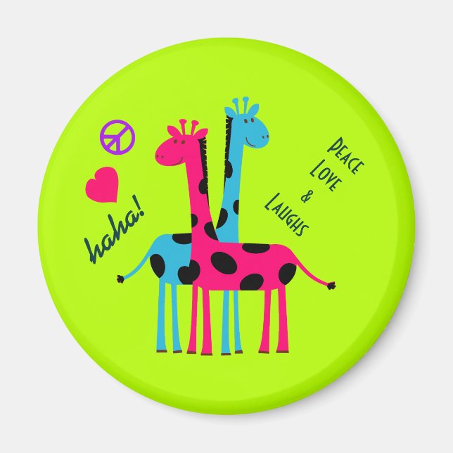 Cute Cartoon Giraffes, peace love and laughs Magnet (Front)