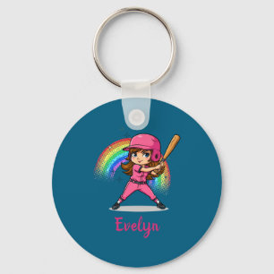 Cute Cartoon Girl Baseball Player Design Key Ring