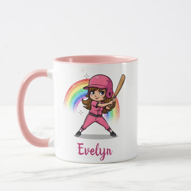 Cute Cartoon Girl Baseball Player in Pink Mug (Left)