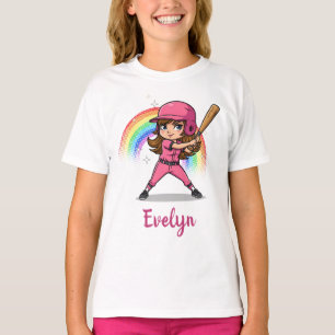 Cute Cartoon Girl Baseball Player in Pink T-Shirt