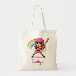 Cute Cartoon Girl Baseball Player in Pink Tote Bag