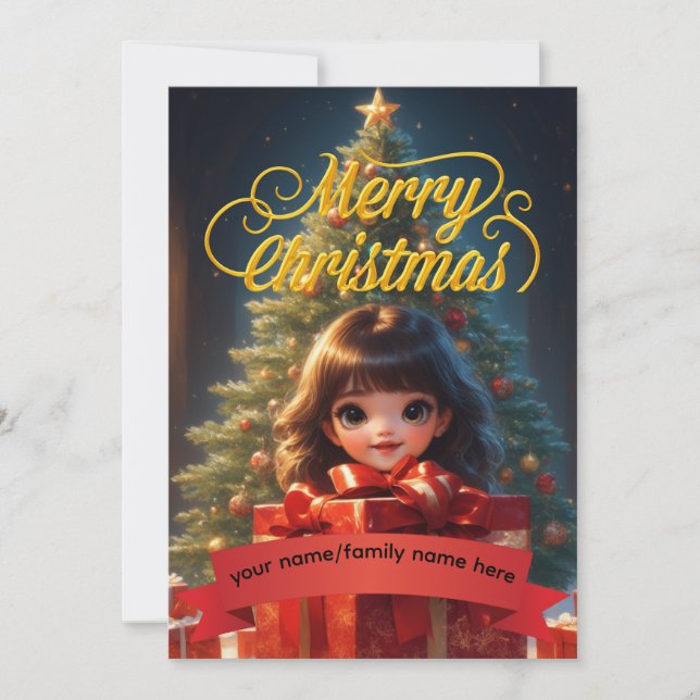 Cute Cartoon Girl Custom Red Ribbon Christmas Card (Front)