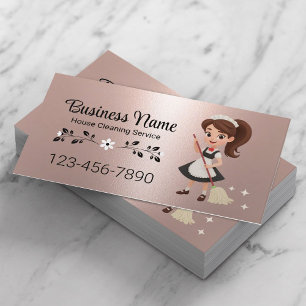 Cute Cartoon Girl House Cleaning Service Rose Gold Business Card