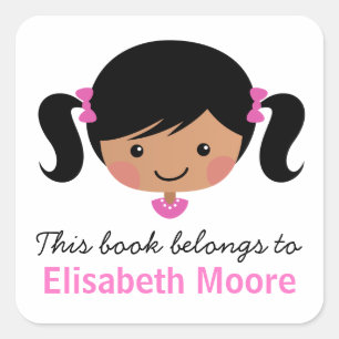 Cute cartoon girl personalised bookplate square sticker