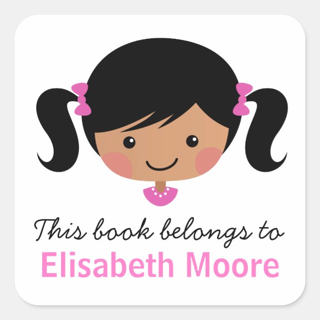 Cute cartoon girl personalised bookplate square sticker (Front)