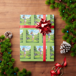 Cute Cartoon Girl Playing Golf Wrapping Paper