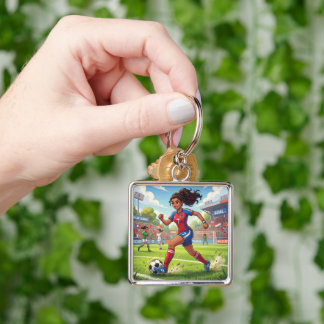 Cute Cartoon Girl Playing Soccer Football Key Ring