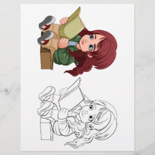 Cute Cartoon girl reading book colouring page
