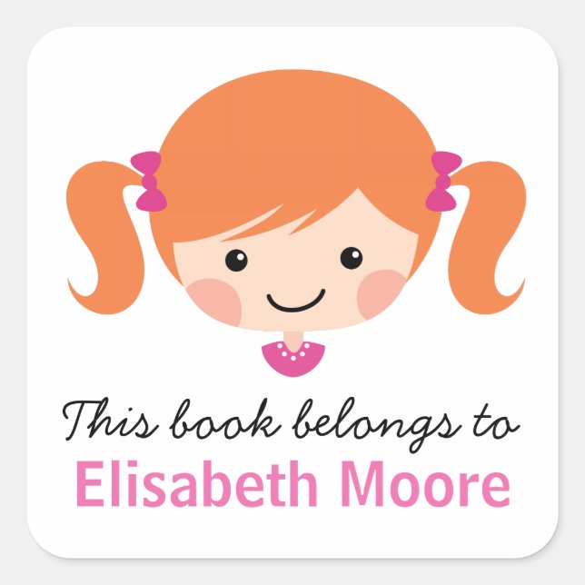 Cute cartoon girl red hair personalised bookplate square sticker (Front)