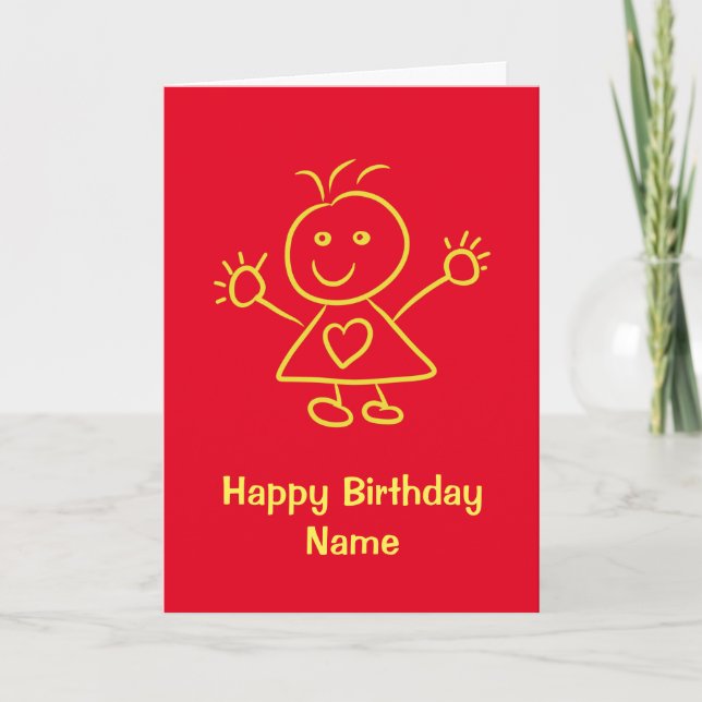 Cute Cartoon Girl Red Yellow Birthday Card (Front)