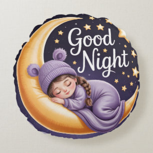 Cute Cartoon Girl Sleeping on Crescent Moon Round Cushion