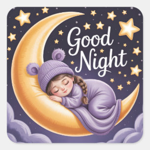 Cute Cartoon Girl Sleeping on Crescent Moon Square Sticker