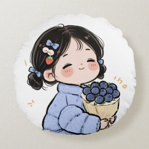Cute Cartoon Girl with Blueberries Throw Pillow