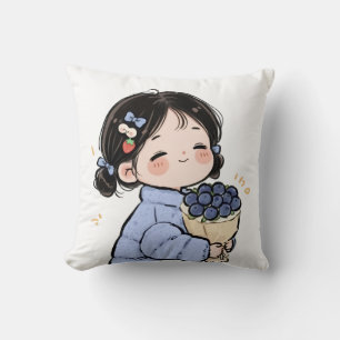 Cute Cartoon Girl with Blueberries Throw Pillow