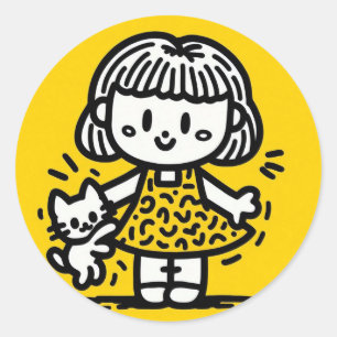 Cute Cartoon Girl with Kitten in Keith Haring Styl Classic Round Sticker
