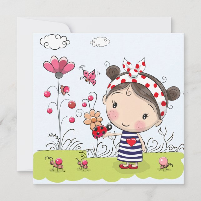 Cute Cartoon Girl with Ladybug in Garden Scene (Front)