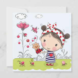 Cute Cartoon Girl with Ladybug in Garden Scene