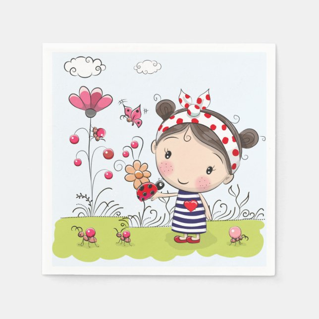 Cute Cartoon Girl with Ladybug in Garden Scene Napkin (Front)