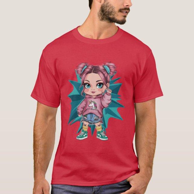 Cute Cartoon Girl with Unicorn for a retro T-Shirt (Front)