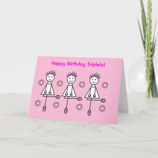 Cute Cartoon Girls Triplets Pink Birthday Card (Front)