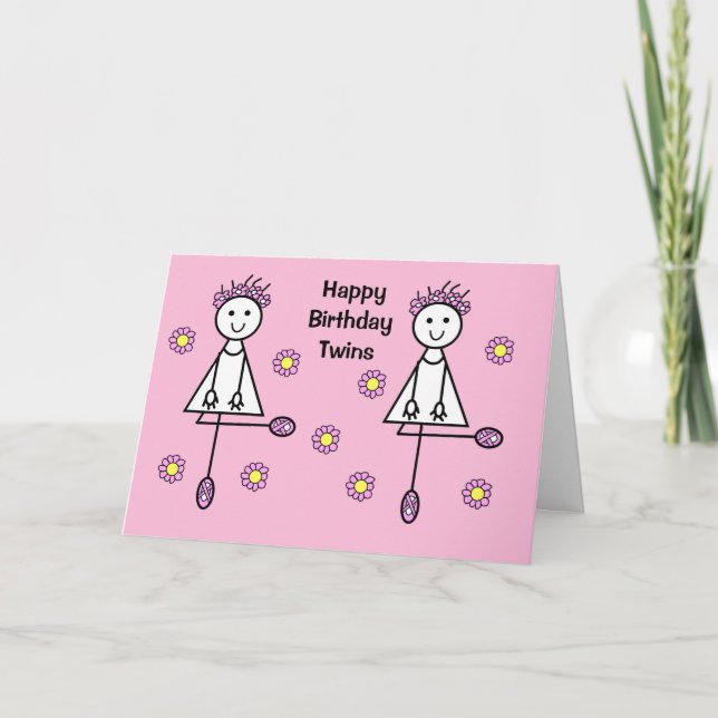 Cute Cartoon Girls Twins Pink Birthday Card (Front)