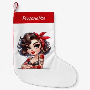 Cute Cartoon Glam Woman Rose Tattoos Personalized Small Christmas Stocking