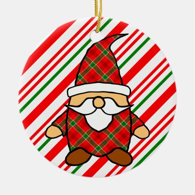 Cute Cartoon Gnome Candy Cane Drawing Ceramic Tree Decoration (Front)