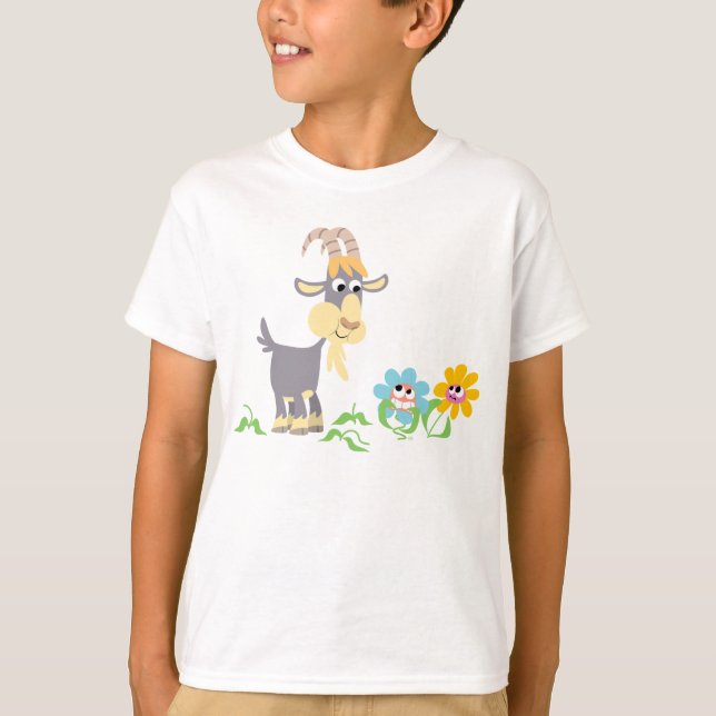 Cute Cartoon Goat and Flowers Children T-Shirt (Front)