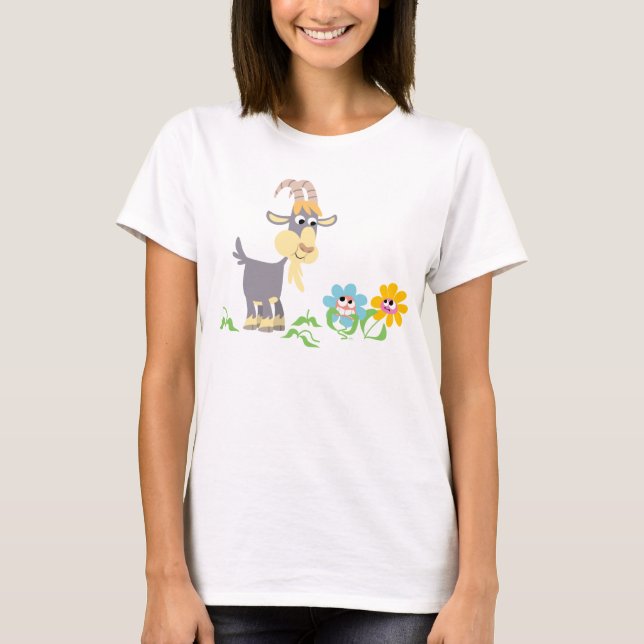 Cute Cartoon Goat and Flowers Women T-Shirt (Front)