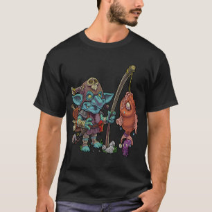 Cute cartoon goblin goes fishing and catches large T-Shirt