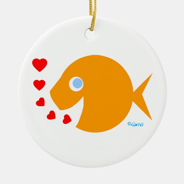 Cute Cartoon Goldfish Kisses and  Love Message Ceramic Tree Decoration (Front)