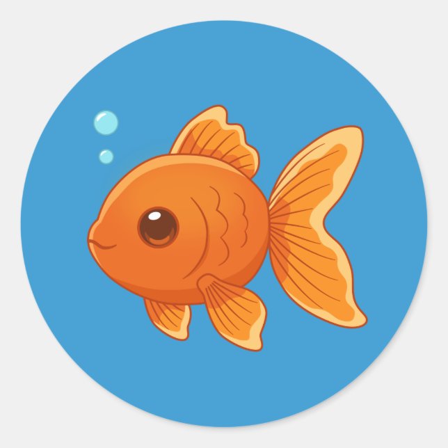Cute Cartoon Goldfish on Blue Classic Round Sticker (Front)