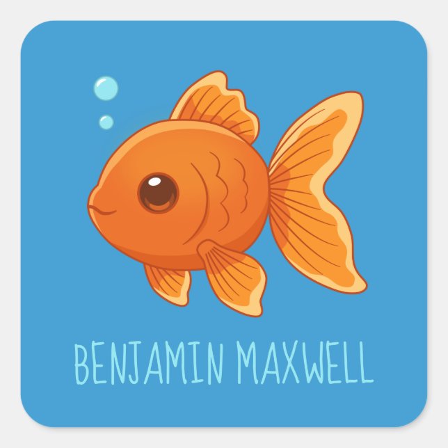 Cute Cartoon Goldfish on Blue Custom Name Square Sticker (Front)