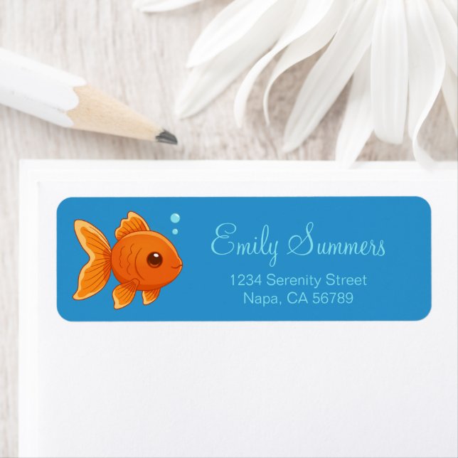 Cute Cartoon Goldfish on Blue Return Address (Insitu)