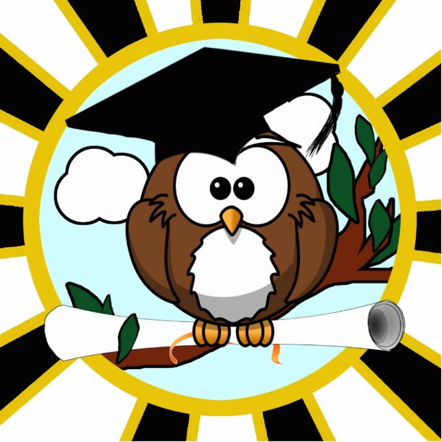 Cute Cartoon Graduating Owl w/Black & Gold Colours Standing Photo Sculpture (Front)