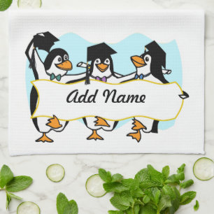 Cute Cartoon Graduating Penguins w/Banner Tea Towel
