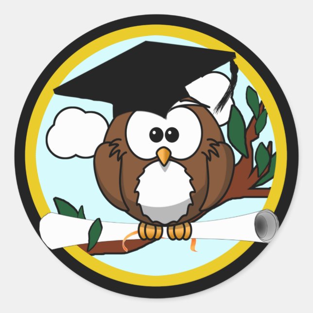Cute Cartoon Graduation Owl With Cap & Diploma Classic Round Sticker (Front)