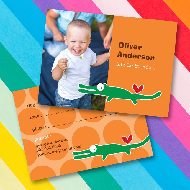Cute Cartoon Green Alligator Photo Kid's Play Date Calling Card (Creator Uploaded)